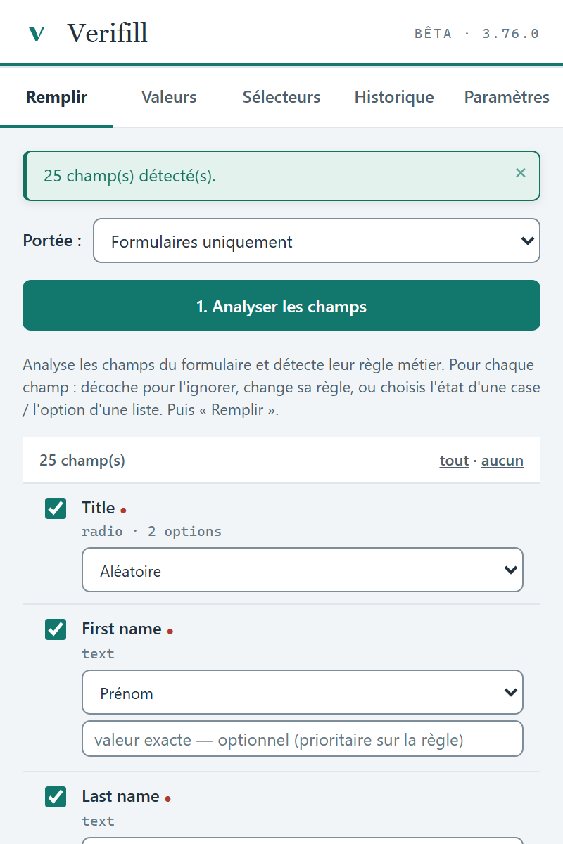 Screenshot of the Fill tab of the Verifill extension