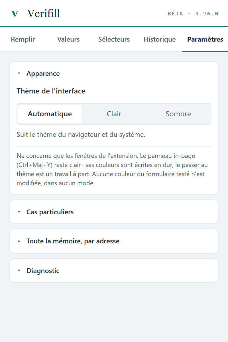 Capture de l'onglet Paramètres de l'extension Verifill