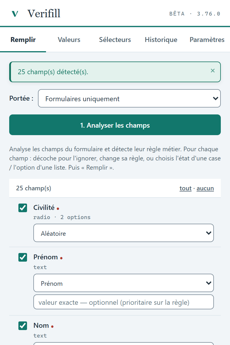 Capture de l'onglet Remplir de l'extension Verifill