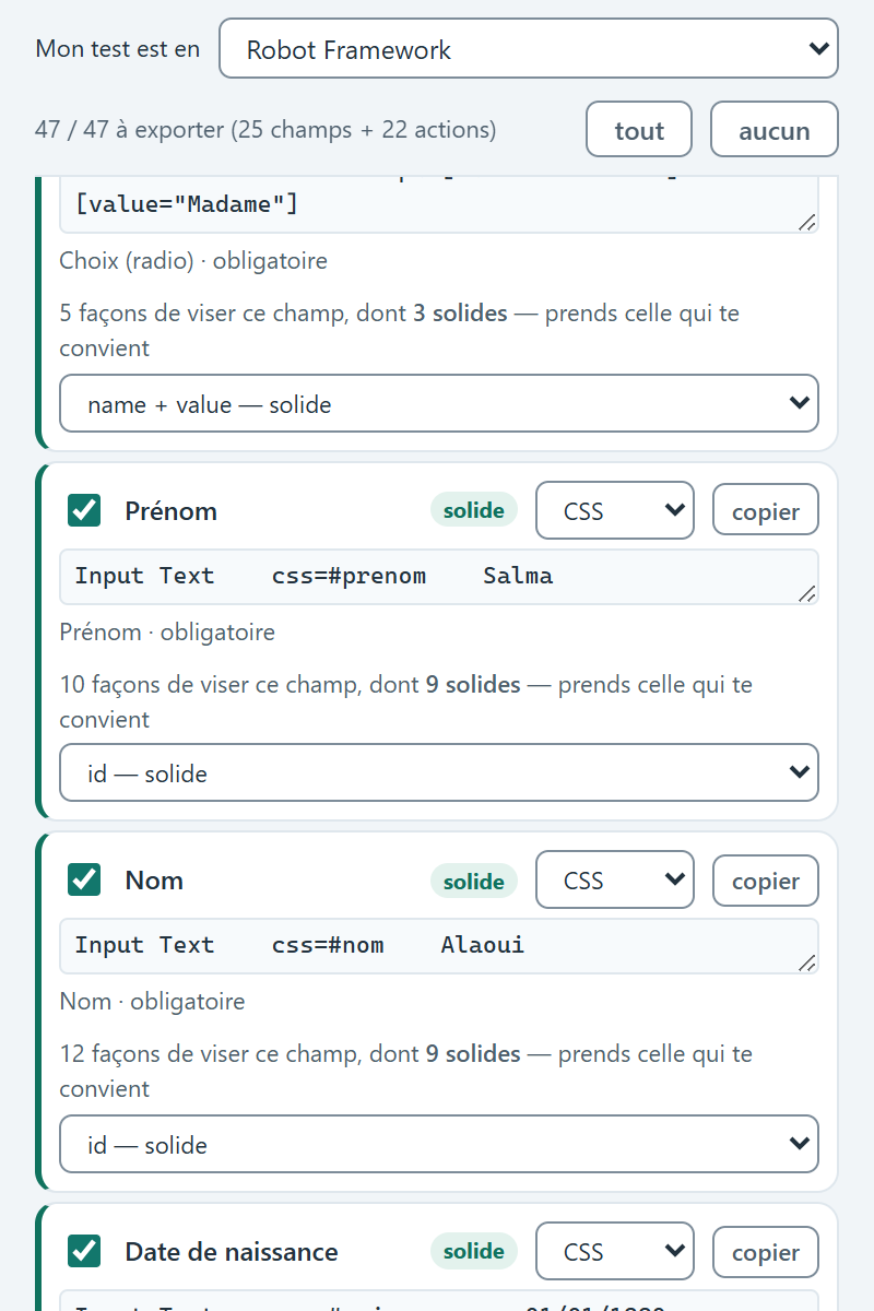 Capture de l'onglet Sélecteurs de l'extension Verifill