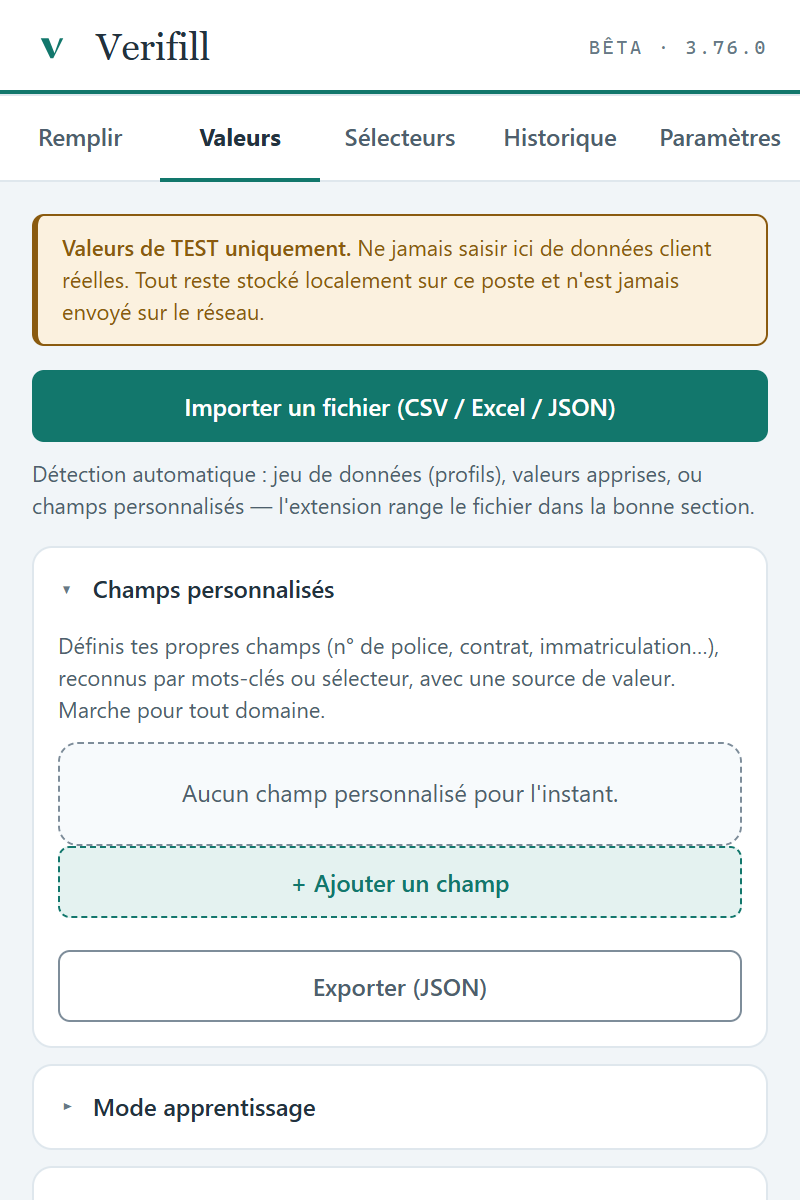 Capture de l'onglet Valeurs de l'extension Verifill
